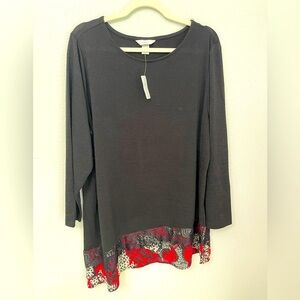 Cj Banks long sleeve Black red and lace trim top Size 2X 20/22 W
